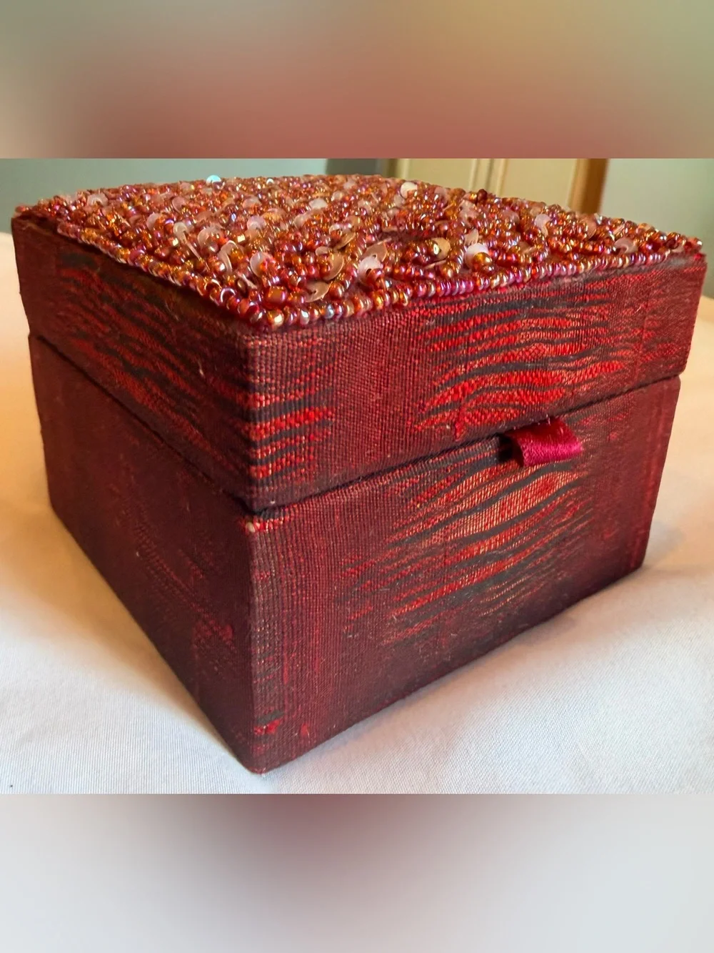 Vintage Red Beaded Jewelry Box Trinket Keepsake Box